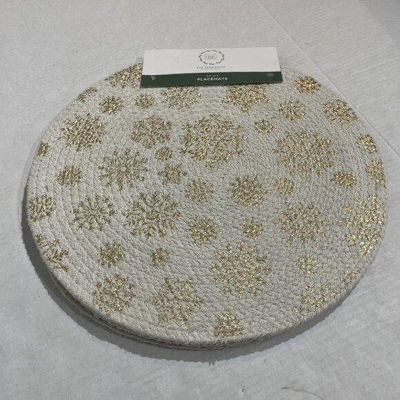 Farmhouse Rachel‎ Ashwell Placemat White Braided Metallic Gold Snowflake Round - Picture 2 of 6